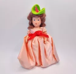 Vintage Antique Bisque Doll String Jointed Marked Hollywood Felt Hat Satin Dress.  In very vintage maybe antique...