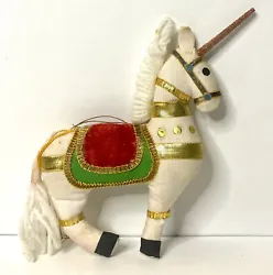 Vintage Fabric Unicorn Ornament Folk Art Stuffed Fabric Saddle Dressed Unicorn. Condition is Excellent with No Damage