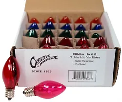 Creative Hobbies® Box of 25 Candelabra Base, C7 -Colored Blinking Light Bulbs. 7 watt, Random Blinking, Avg Life 3000...