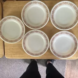 5 Vintage Pyrex Décor Dinnerware Milk Glass, Copper Filigree Pattern. All in good condition accept one has some wear....