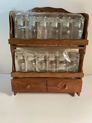 Vintage Wooden Spice Rack Two Tier 12 Apothecary Glass Bottles With Drawer New. Jars sealed still 1 hang tan is missing...