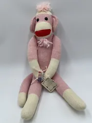 Ozark Mountain Kids Sock Monkey Plush Stuffed Animal 19” Toy Pom Poms Pink Ivory.
