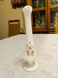 VTG Fenton Milk Glass Hand Painted Floral Violets Vase Signed B. Thornton.