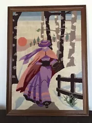Vintage Encadre Broderie Tapisserie Laine.Paysage de neige avec silhouette féminineDimensions 50,5 X 69cmL hiver de...