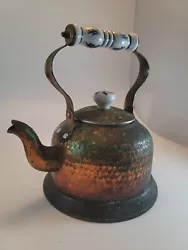Antique Copper Tea kettle Blue Delft Handles Country Decor Tea Kettle Patina.