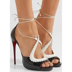 Material: patent leather. Minor lifting on the insole. Open, peep toe. High stiletto heel.