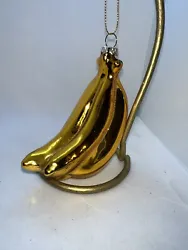 BLOWN GLASS GOLD BANANAS FOOD BUNCH FRUIT FOODIE CHRISTMAS ORNAMENT.