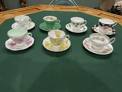 This is a set of 7 antique bone china tea cups and saucers from Royal Albert, Colclough, and E.B. The set is perfect...