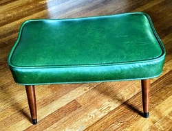 Mid Century foot stool measures @14 inches tall 21 inches long 13 inches wide..no rips or tears on vinyl legs have VERY...