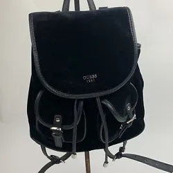 Guess Black Velvet Backpack Bag Purse Adjustable straps Flap snap closure with drawstring Fully light tan Lined with...