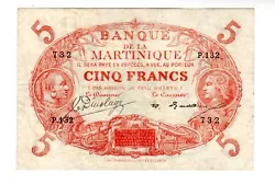 MARTINIQUE Billet 5 Francs 1903 1934 P6A. CABASSON ROUGE RARE SIGNATURE BON.