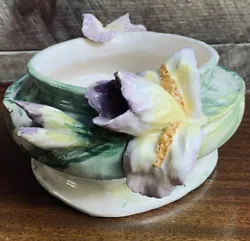 A unique art pottery planter with delicate applied orchid flowers. Very shabby chic eclectic farmhouse.