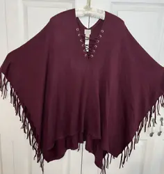Beautiful Chicos Rich Plum Cranberry Poncho Sweater Cover Up with Fringe One size. Over sized Fits easily XL 1x 2x.