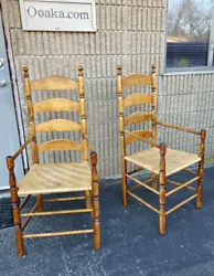 Pair of country strong tiger maple hand-crafted Pilgrim century style armchairs. Curved 4-slat backs, splint seats,...