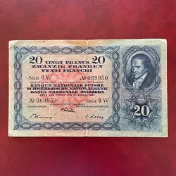 1937 rare Billet 20 francs suisse État B+/TBFentes en marges niveau pli en croix Plis et traces multiples Trou central...