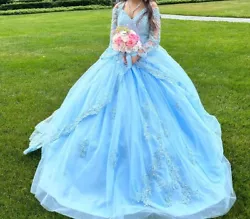 Beautiful Bahama blue ball gown - perfect for a Quincenera, Sweet Sixteen, or a Prom. Classic ball gown with sweetheart...