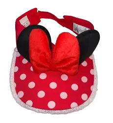 Hong Kong Disneyland HKDL Minnie Mouse Ears Headband Polka Dots Red White Lace Kids Size Adjustable Hook & Loop Closure.