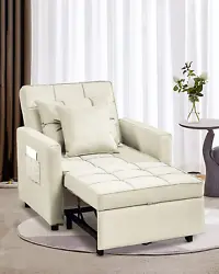 Convertible Sleeper Chair Bed 3 in 1, Adjustable Recliner,Armchair, Sofa, Bed, Linen, Warm White, Single One. 【3 in 1...