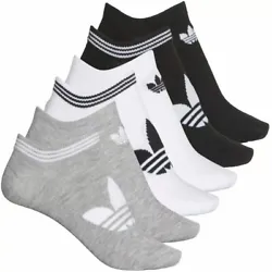 6 Pairs Adidas No-Show SocksTrefoil Logo 97% Polyester 2%Spandex 1% Natural Latex2 Black / 2 White / 2 GrayShoe Size:...