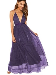 Floerns Womens Plunging Neck Spaghetti Strap Maxi Cocktail Party Dress Purple L.
