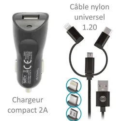 Câble 3 en 1 (lightning, Type-C, Micro USB) résistant (doublé nylon) 1,20m.