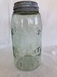 Antique 1858 Clear Blue Masons Fruit Canning Jar / Vase - Country Folk Art. Original Zinc Lid w/ Ceramic.