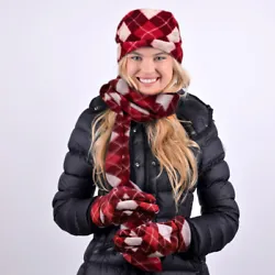 Ladies winter fleece hat gloves & scarf matching sets with multicolored argyle design. Lightweight and warm,...