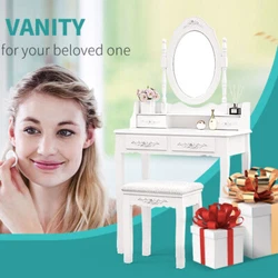This is a stunning white dressing table with the oval mirror and cushioned stool.Made of Hardwood & MDF board, mirrored...