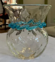 Vintage Art Glass Vase Hand-Blown with Aqua Ribbon Glass Trim Six Inches High Pontil Scar on Bottom.  The photos do...