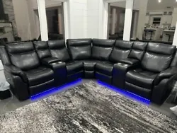 Spokane Sectional Couch with Recliners on each end, two storage holders, two USB ports, LED lights. Black Faux Leather,...