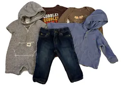 Baby Size 12 months fall/ winter lot. Two one pieces, One sweater, One pair of jeans, One romper with hoodie. One piece...