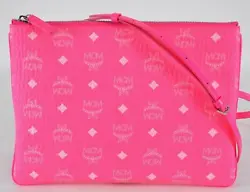 New with Tags $470 MSRP Style: Small Crossbody Neon Pink Coated Canvas Leather Trim Diamond Visetos Logo Pattern Top...
