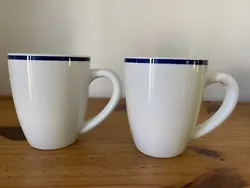 Oneida Maitre d Porcelain Coffee Mug Cups 14oz. Blue Rim Stripe - Set of 2