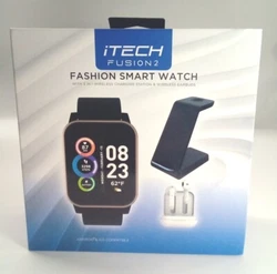 iTech Fusion 2 Smart Watch w/Wireless Earbuds & Charging Station Black/Rose Gold.