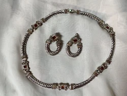 retro necklace pierced earrings set gold tone silver tone amber rhinestones. Shipped with USPS First Class.