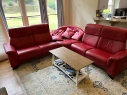 Stressless Red Leather Corner Sectional Sofa - (Norway) - Seats recline and headrests raise and lower. Includes 3 large...