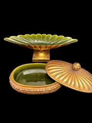 VINTAGE ANTHONY MCFARLIN GOLD GREEN FOOTED COMPOTE DISH & CANDY OR JEWLERY JAR. JUST LIKE NEW