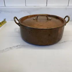 Vintage Copper Stock Pot Boiler Cookware Lined. Condition is as photographed- has verdigris, scratches, wear,...