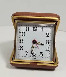 Vintage Equity Travel Alarm Clock in Folding Clamshell Case Brown Wind Up. 3x3x 1.25 closed 3.25