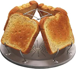 Heavy, steel plate, will not warp. Folds flat for easy storage. Features sure grip wire toast holders. Holds 4 slices...