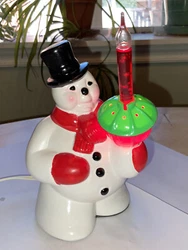 Charming Bethany Lowe ceramic snowman. See photo with lit bubble light bulb to show power cord is in working condition,...