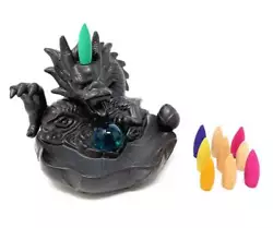 Dragon w/Glass Ball Ceramic Backflow Cone or Stick Incense Burner 5.5