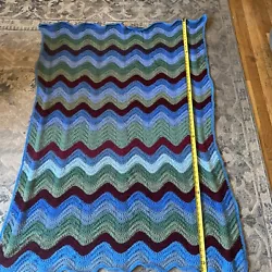 Handmade Afghan Throw Blanket Zig Zag Blue Brown 60 x 43, Very soft, great condition.