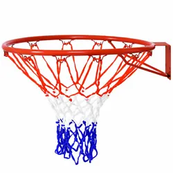 Package Includes: 1x Basketball Rim with net, 1x package of screws  Net Color: Blue white and red  Material: Steel + PE...