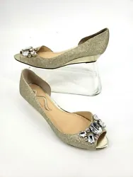 Nina Dressy Shoes Gold Sprakle with foil leather wedge and multiple sized Rhinestones on the front peep toe area. No...
