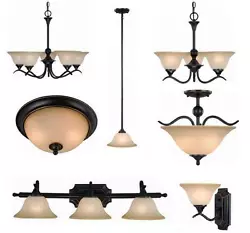 Matching Oil Rubbed Bronze Interior Lighting. Five-light chandelier with amber glass. Two-light ceiling light fixture...