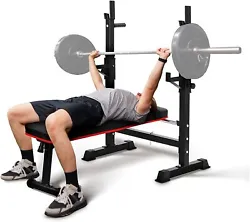 HEAVY-DUTY STRUCTURE & MORE SAFER: Weight bench with barbell rack set are made of powder-coated heavy-duty steel....