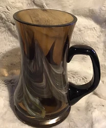 No chips or cracks..... beautiful ! Amber Art Glass Tapered Mug Color Swirl Aqua Green Blue Handle 6” Heavy Beer....