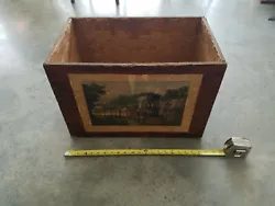 Antique Wood Crate Kindling Box With Vintage Currier & Ives Print 