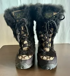 Color is brown and tan within the signature Coach material pattern with Black faux fur and black sole. Super cute and...